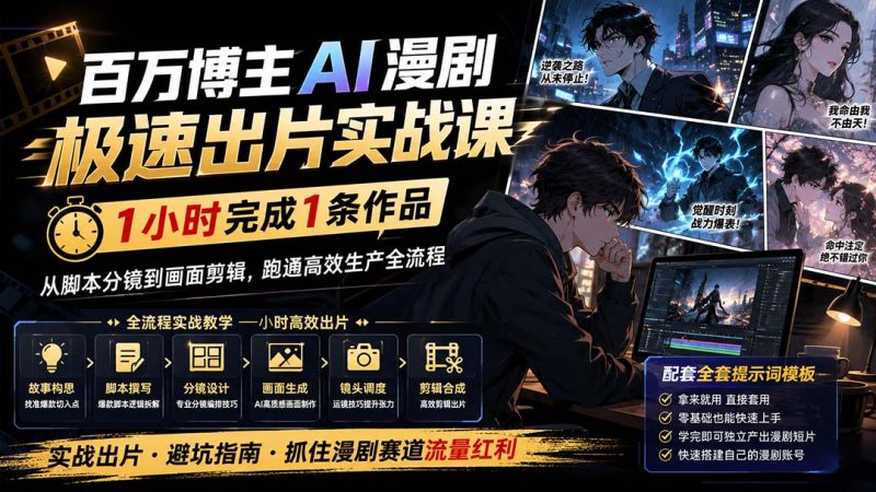百万博主AI漫剧极速出片实战课:1小时产出条作品,从脚本分镜到画面剪辑,跑通高效生产全流程-技研社