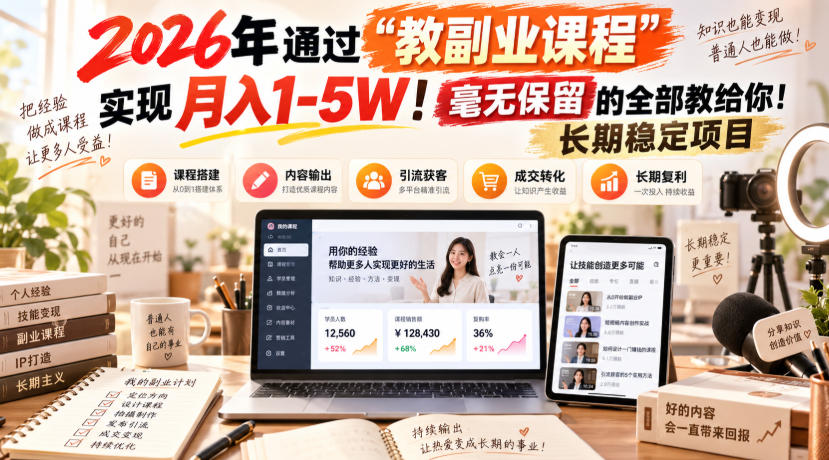 “教副业课程”月入1-5W!长期稳定项目,毫无保留的全部教给你!