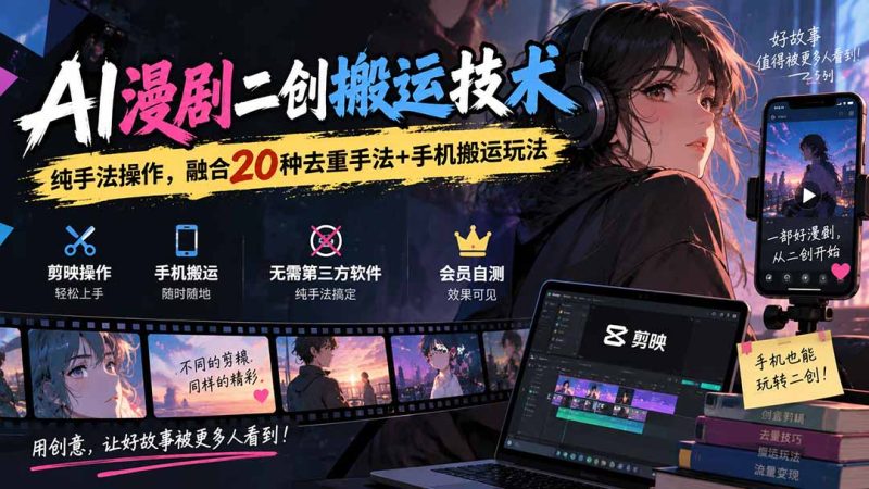AI漫剧二创搬运技术,纯手法操作,融合20种去重手法+手机搬运玩法-技研社