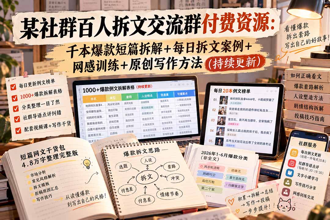 某社群百人拆文交流群付费资源-更新:千本爆款短篇拆解+每日拆文案例+网感训练+原创写作方法 (持续更新) 某社群百人拆文交流群付费资源-更新:千本爆款短篇拆解+每日拆文案例+网感训练+原创写作方法 (持续更新)
