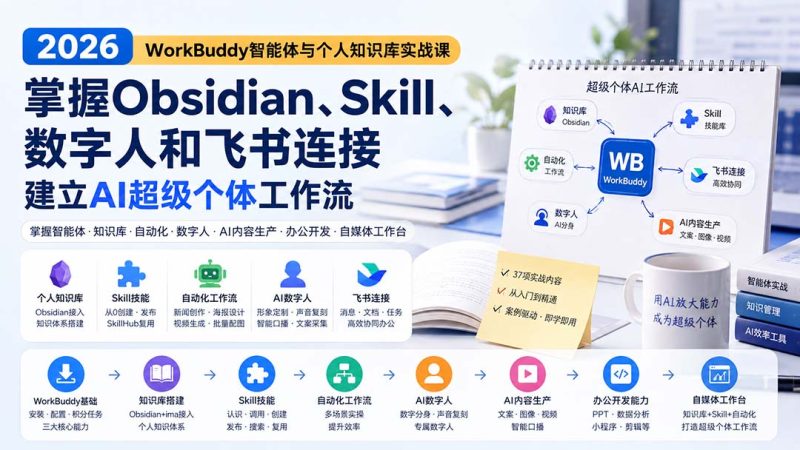 2026 WorkBuddy智能体与个人知识库实战课:掌握Obsidian、Skill、数字人和飞书连接,建立AI超级个体工作流-技研社
