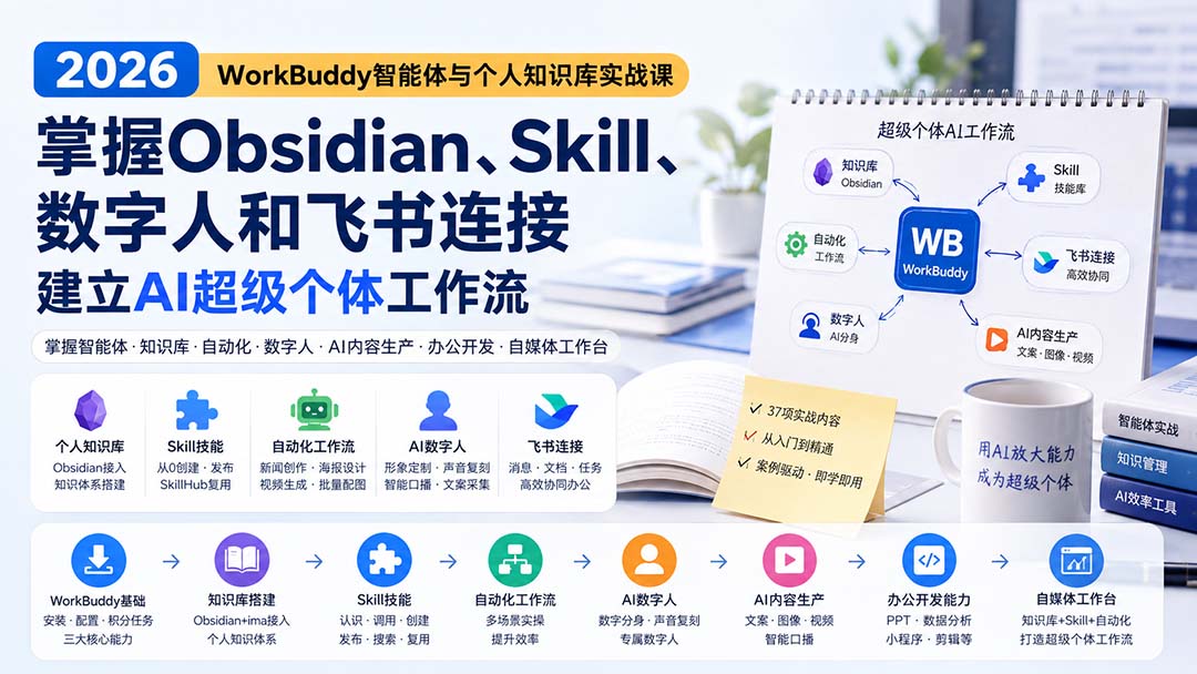 2026 WorkBuddy智能体与个人知识库实战课:掌握Obsidian、Skill、数字人和飞书连接,建立AI超级个体工作流 2026 WorkBuddy智能体与个人知识库实战课:掌握Obsidian、Skill、数字人和飞书连接,建立AI超级个体工作流