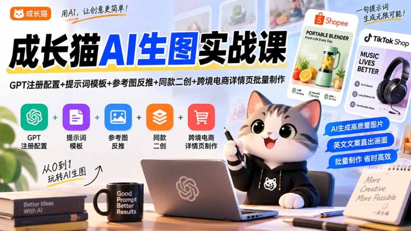 成长猫AI生图实战课|GPT注册配置+提示词模板+参考图反推+同款二创+跨境电商详情页批量制作-技研社