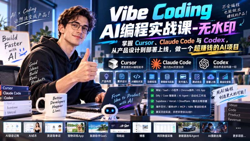 Vibe Coding AI编程实战课-无水印:掌握Cursor、Claude Code与Codex,从产品设计到部署上线,做一个超赚钱的AI项目-技研社