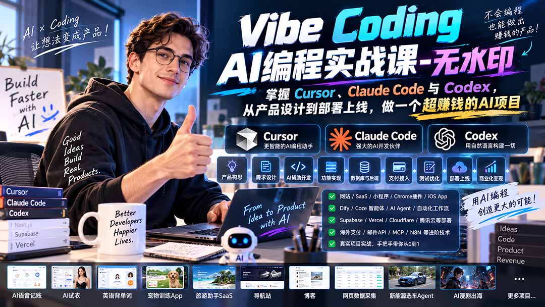 Vibe Coding AI编程实战课-无水印:掌握Cursor、Claude Code与Codex,从产品设计到部署上线,做一个超赚钱的AI项目 Vibe Coding AI编程实战课