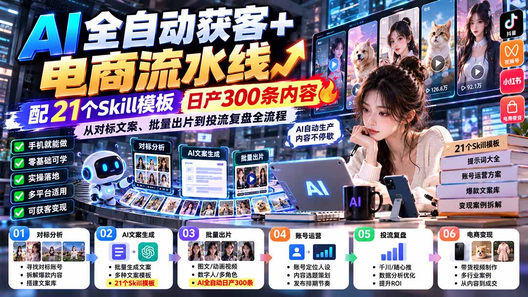 【无水印】AI全自动获客+电商流水线-更新0928:配21个Skill模板,日产300条内容,从对标文案、批量出片到投流全流程 【无水印】AI全自动获客+电商流水线-更新0928:配21个Skill模板,日产300条内容,从对标文案、批量出片到投流全流程