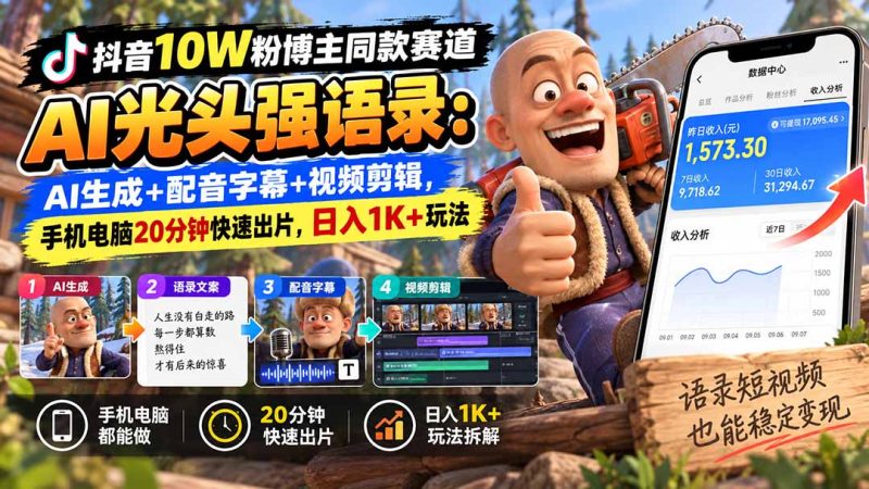 【无水印】抖音10W粉博主同款赛道AI光头强语录:AI生成+配音字幕+视频剪辑,手机电脑20分钟快速出片,日入1K+玩法-技研社