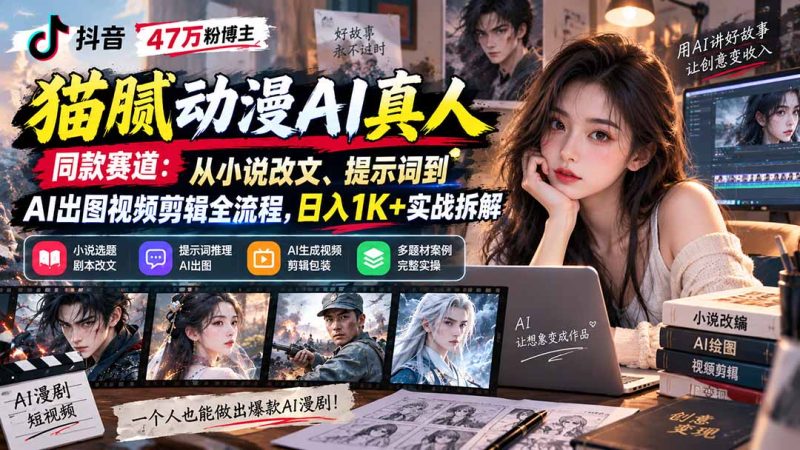 抖音47万粉博主猫腻动漫AI真人同款赛道:从小说改文、提示词到AI出图视频剪辑全流程,日入1K+实战拆解-技研社