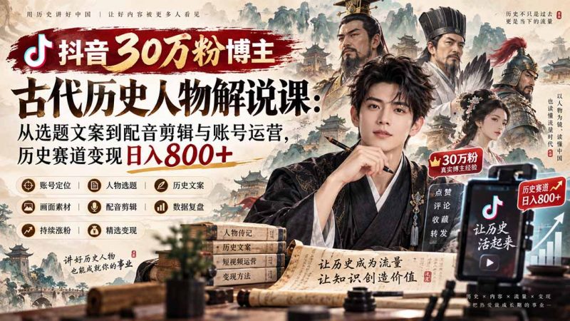 抖音30万粉博主古代历史人物解说课:从选题文案到配音剪辑与账号运营,历史赛道变现日入800+-技研社