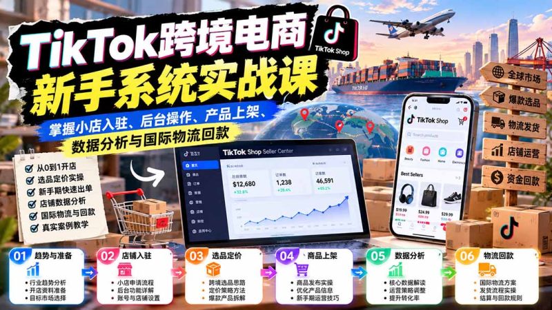 TikTok跨境电商新手系统实战课:掌握小店入驻、后台操作、产品上架、数据分析与国际物流回款-技研社