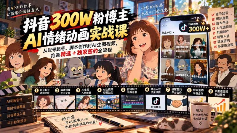 抖音300W粉博主AI情绪动画实战课:从账号起号、脚本创作到AI生图视频,跑通精选+独家签约全流程-技研社