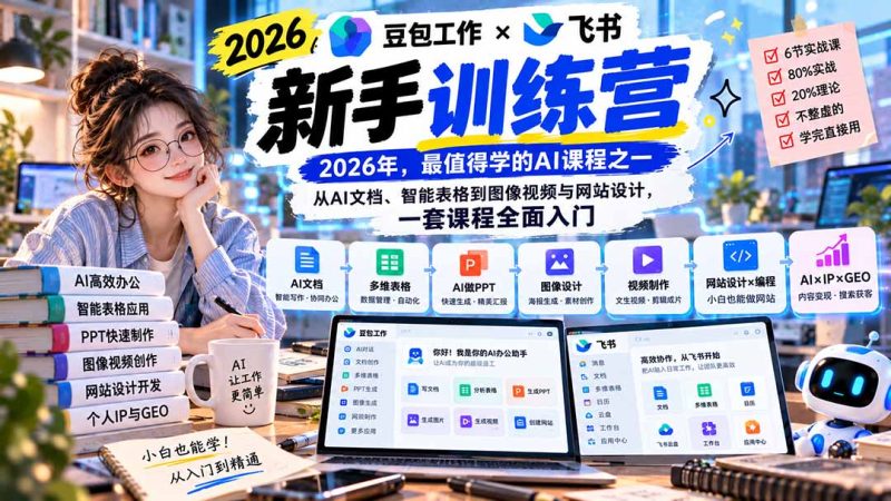 2026豆包工作+飞书新手训练营-9月新课：从AI文档、智能表格到图像视频与网站设计，一套课程全面入门-技研社