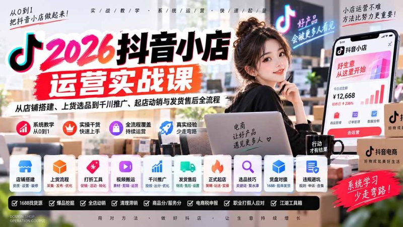2026抖音小店运营实战课|从店铺搭建、上货选品到千川推广、起店动销与发货售后全流程-技研社