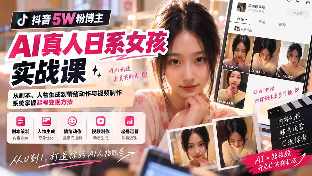 AI真人日系女孩实战课:从剧本到账号运营的完整路径 AI真人日系女孩实战课