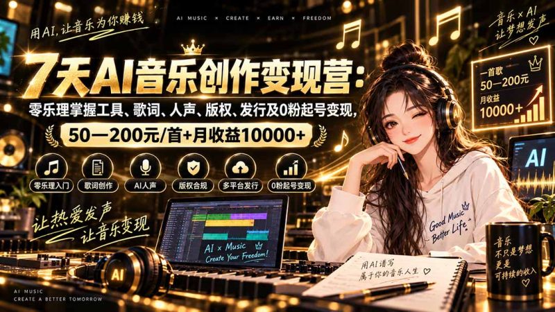 AI音乐创作变现营:零乐理掌握工具、歌词、人声、版权、发行及0粉起号变现,50—200元/首+月收益10000+-技研社