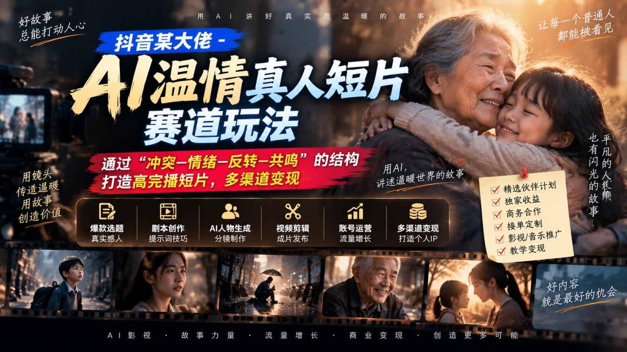 抖音某大佬-AI温情真人短片赛道玩法:通过“冲突—情绪—反转—共鸣”的结构打造高完播短片,多渠道变现 抖音某大佬-AI温情真人短片赛道玩法:通过“冲突—情绪—反转—共鸣”的结构打造高完播短片,多渠道变现