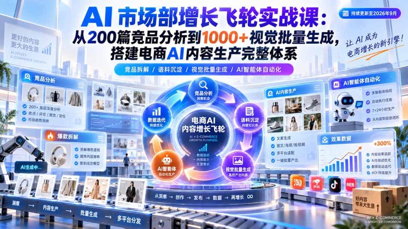 AI 市场部增长飞轮实战课:从200篇竞品分析到1000+视觉批量生成,搭建电商AI内容生产完整体系-技研社