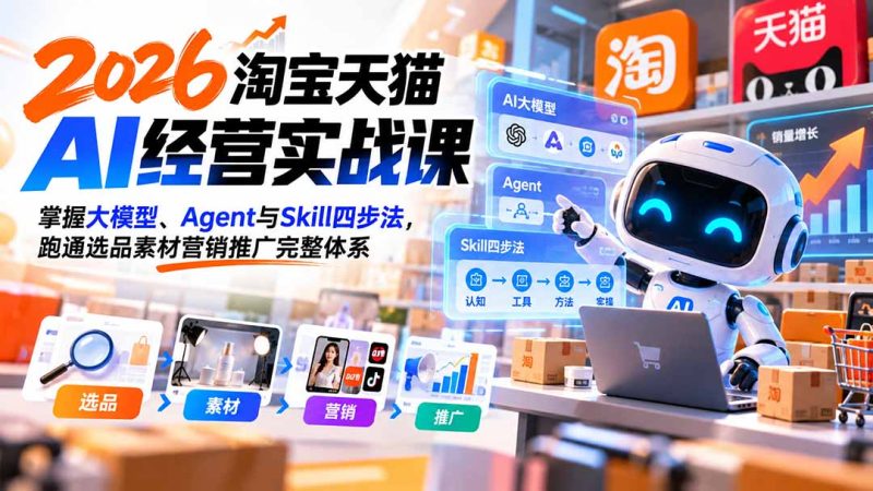【无水印】2026淘宝天猫AI经营实战课:掌握大模型、Agent与Skill四步法,跑通选品素材营销推广完整体系-技研社