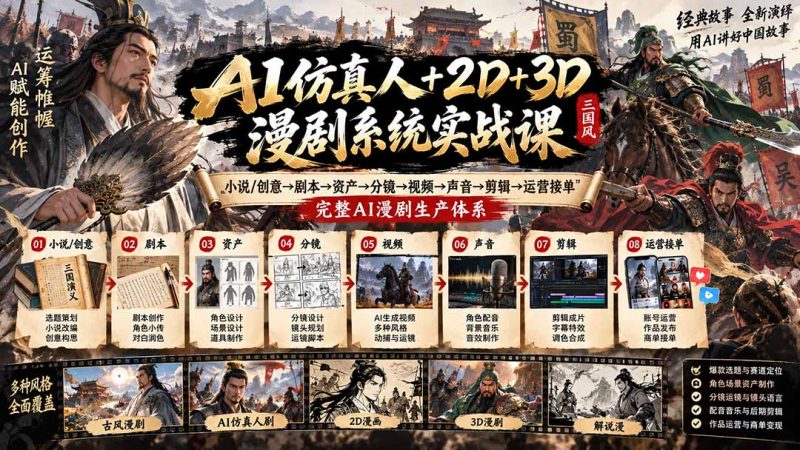 AI仿真人+2D+3D漫剧系统实战课:小说/创意→剧本→资产→分镜→视频→声音→剪辑→运营接单,完整AI漫剧生产体系-技研社