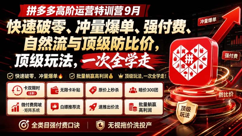 拼多多高阶运营特训营9月:快速破零、冲量爆单、强付费、自然流与顶级防比价, 顶级玩法,一次全学走-技研社