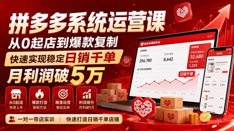 拼多多系统运营课(更新8月),从0起店到爆款复制,快速实现稳定日销千单,月利润破5万-技研社