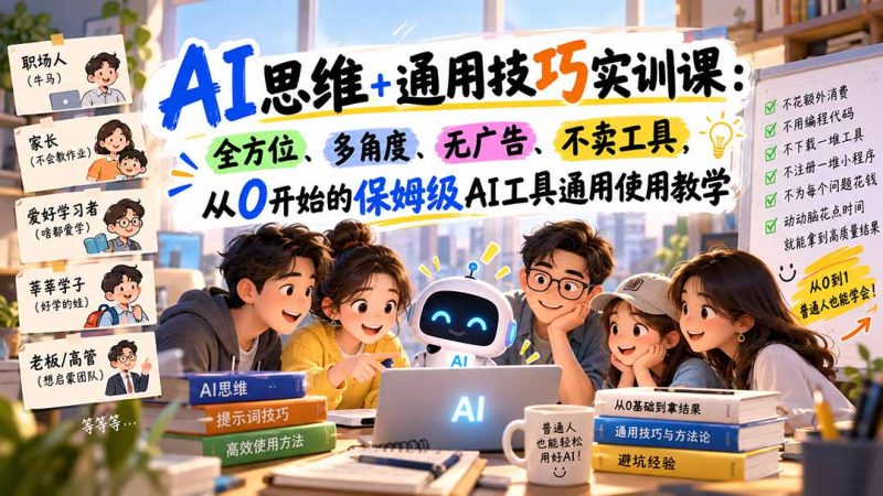 【无水印】AI思维+通用技巧实训课:全方位、多角度、无广告、不卖工具,从0开始的保姆级AI工具通用使用教学-技研社