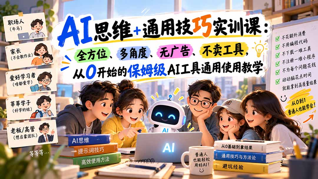 【无水印】AI思维+通用技巧实训课：全方位、多角度、无广告、不卖工具，从0开始的保姆级AI工具通用使用教学