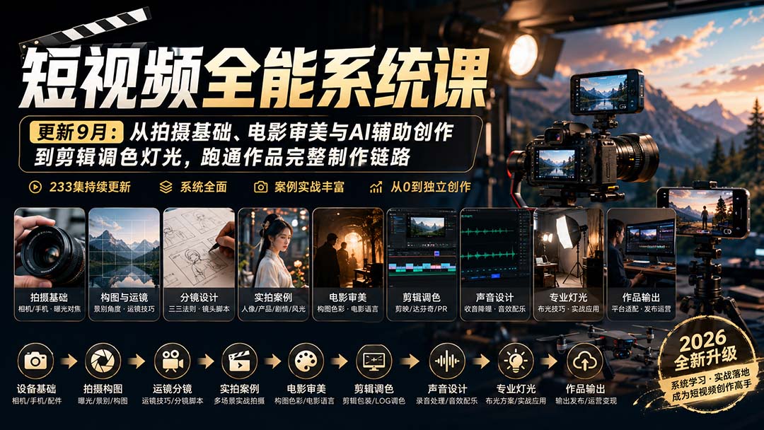 短视频全能系统课-9月完整版:从拍摄基础、电影审美与AI辅助创作到剪辑调色灯光,跑通作品完整制作链路 短视频全能系统课