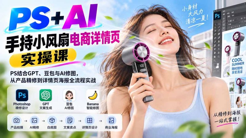 PS+AI手持小风扇电商详情页实操课:精修到海报合成-技研社
