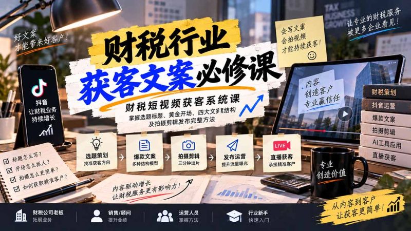 财税短视频获客系统课：掌握选题标题、黄金开场、四大文案结构及拍摄剪辑发布完整方法-技研社