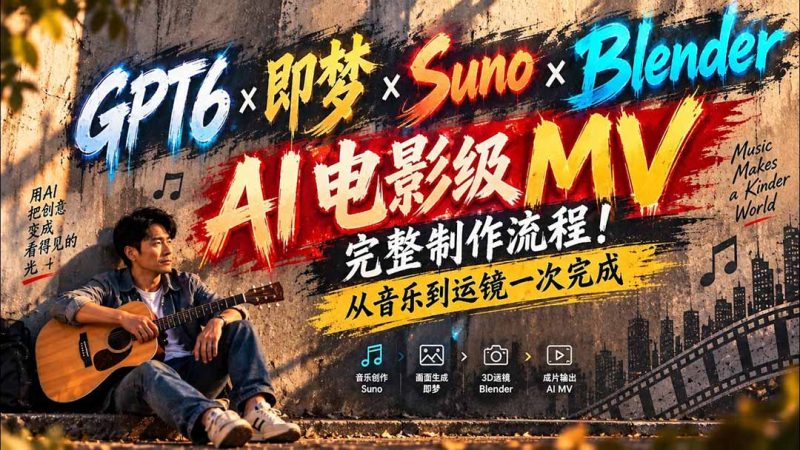 【无水印】GPT6×即梦×Suno×Blender|AI电影级MV完整制作流程!从音乐到运镜一次完成-技研社