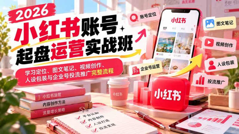 2026小红书账号起盘运营实战班：学习定位、图文笔记、视频创作、人设包装与企业号投流推广完整流程-技研社