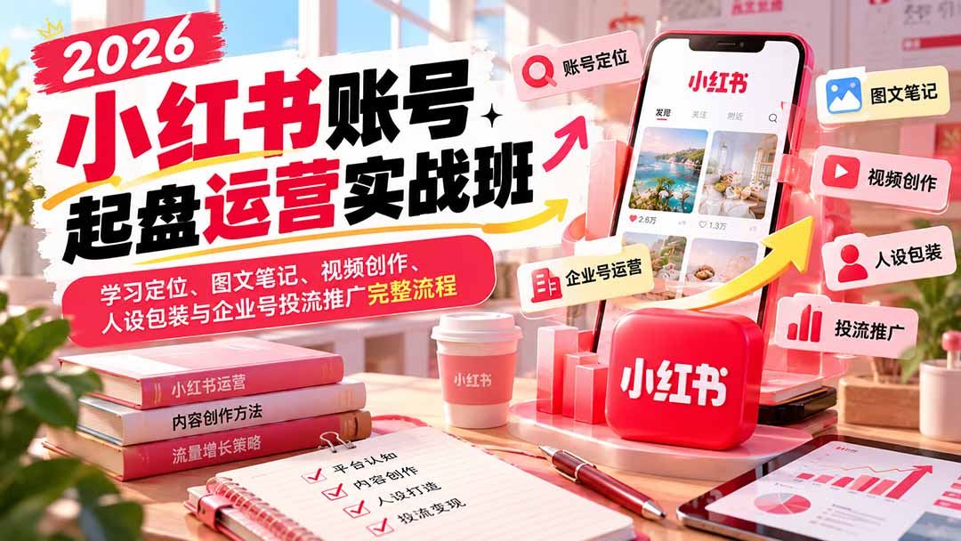 2026小红书账号起盘运营实战班:学习定位、图文笔记、视频创作、人设包装与企业号