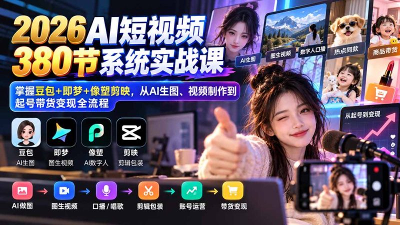 【无水印】2026AI短视频380节系统实战课：掌握豆包+即梦+像塑剪映，从AI生图、视频制作到起号带货变现全流程-技研社
