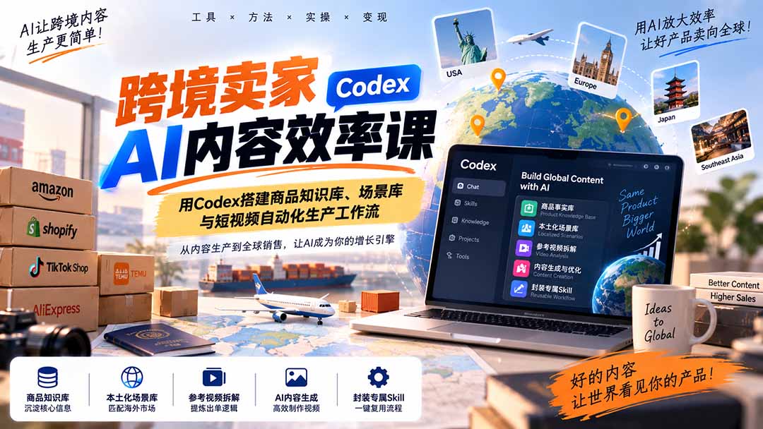跨境卖家AI内容效率课:用Codex搭建商品知识库、场景库与短视频自动化生产工作