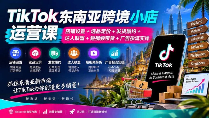 TikTok东南亚跨境小店运营课:店铺设置+选品定价+发货履约+达人联盟+短视频带货+广告投流实操-技研社
