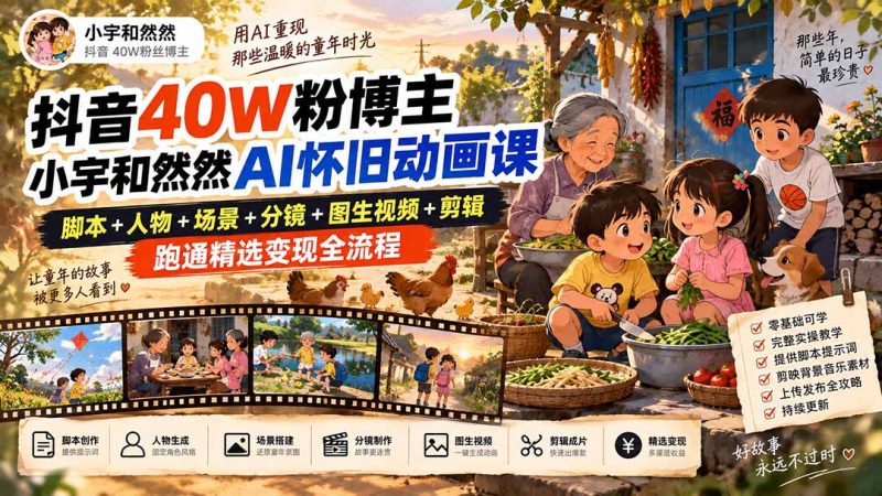 抖音40W粉博主小宇和然然AI怀旧动画课|脚本+人物+场景+分镜+图生视频+剪辑,跑通精选变现全流程-技研社