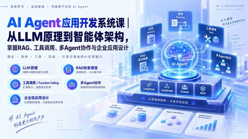 AI Agent应用开发系统课-179节|从LLM原理到智能体架构,掌握RAG、工具调用、多Agent协作与企业应用设计-技研社