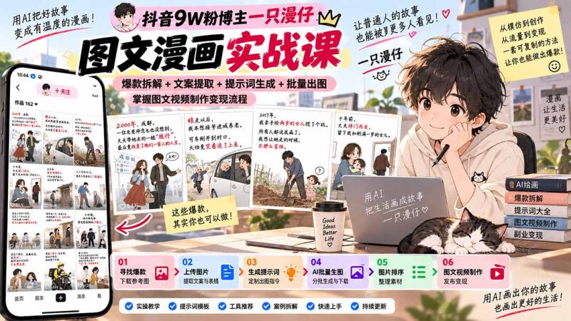 抖音9W粉博主一只漫仔图文漫画课:爆款拆解+文案提取+提示词生成+批量出图,掌握图文视频制作变现流程-技研社