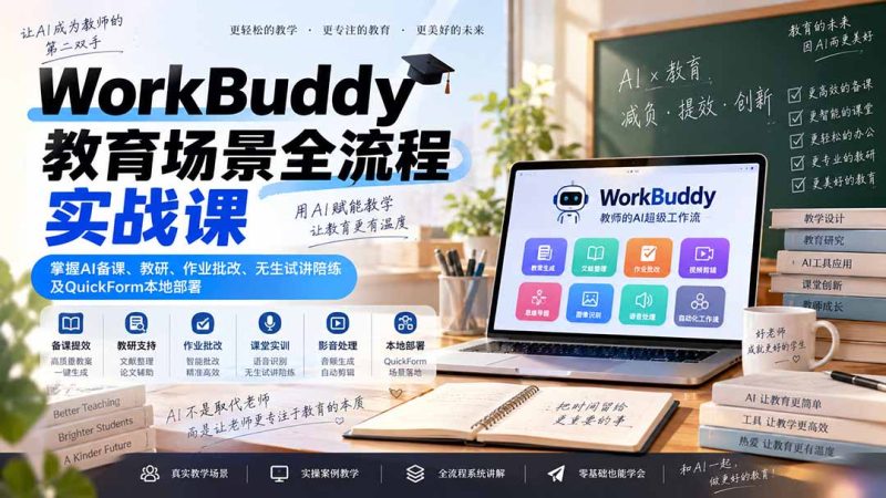 WorkBuddy教育场景全流程实战课:掌握AI备课、教研、作业批改、无生试讲陪练及QuickForm本地部署-技研社