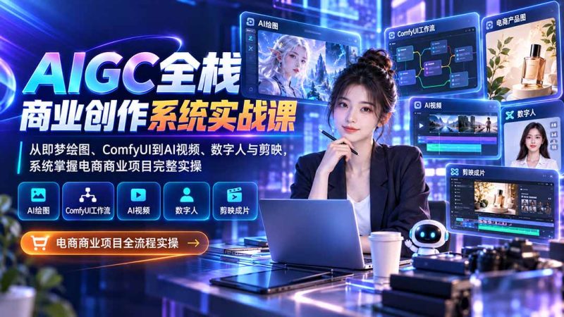 AIGC全栈商业创作系统实战课-无水印:从即梦绘图、ComfyUI到AI视频、数字人与剪映,系统掌握电商商业项目完整实操-技研社