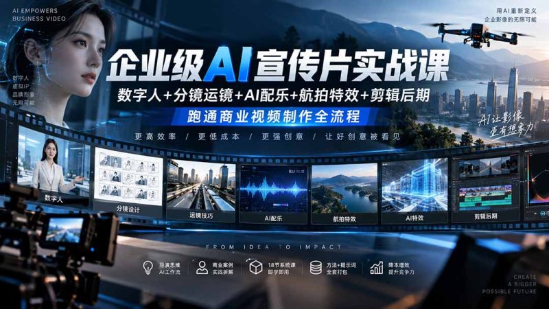 企业级AI宣传片实战课|数字人+分镜运镜+AI配乐+航拍特效+剪辑后期,跑通商业视频制作全流程-技研社
