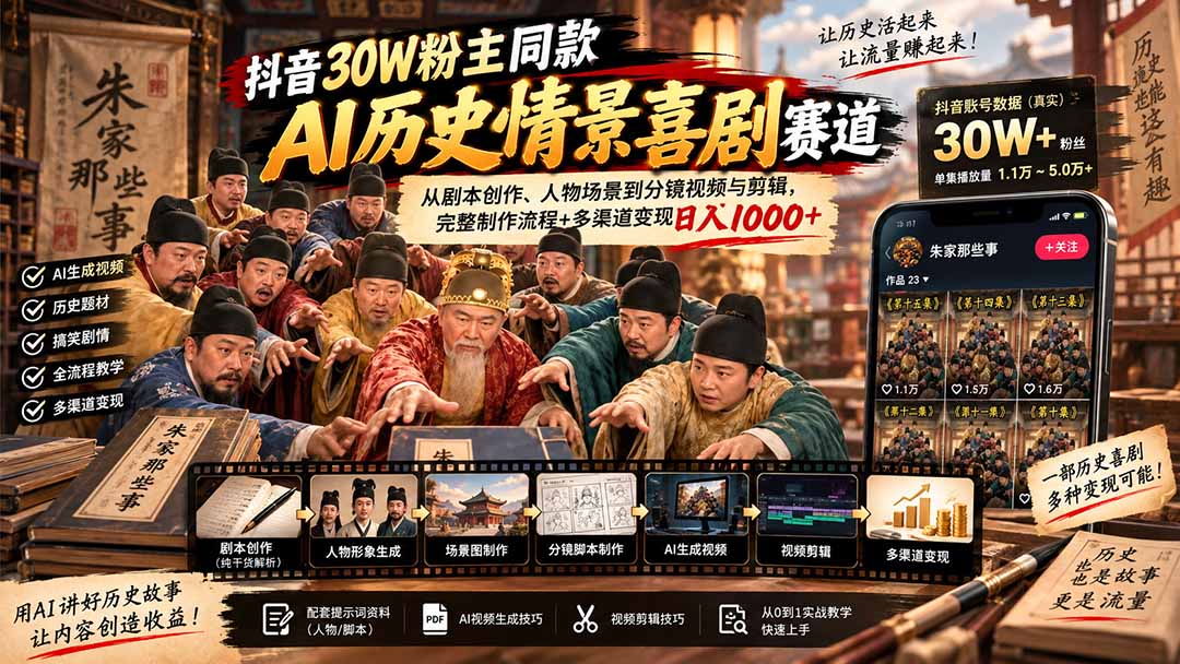 抖音30W粉博主同款AI历史情景喜剧赛道:从剧本创作、人物场景到分镜视频与剪辑,