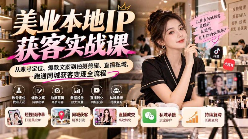 【无水印】美业本地IP获客实战课:从账号定位、爆款文案到拍摄剪辑、直播私域,跑通同城获客变现全流程-技研社