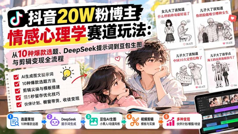 抖音20W粉博主-情感心理学赛道玩法:从10种爆款选题、DeepSeek提示词到豆包生图与剪辑变现全流程-技研社