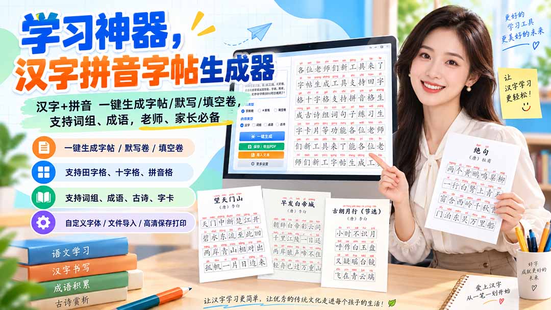 教师用字帖生成器排版的默写卷 字帖生成器按课时生成的汉字加拼音默写卷与字卡排版