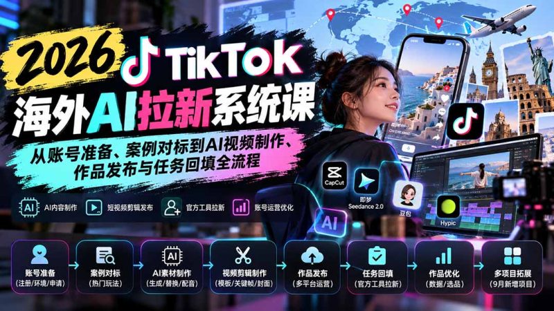 【无水印】2026 TikTok海外AI拉新系统课:从账号准备、案例对标到AI视频制作、作品发布与任务回填全流程-技研社