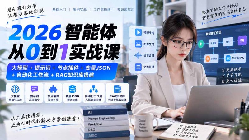 2026智能体从0到1实战课|大模型+提示词+节点插件+变量JSON+自动化工作流+RAG知识库搭建-技研社