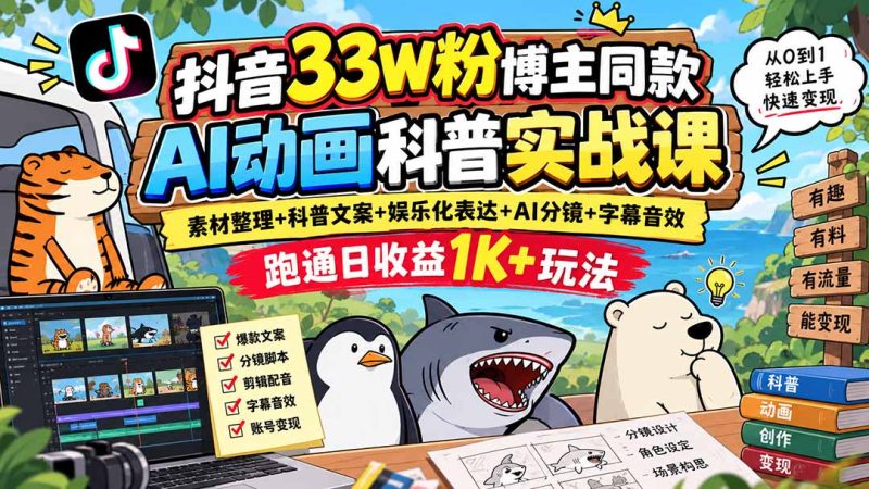 抖音33W粉博主同款AI动画科普实战课|素材整理+科普文案+娱乐化表达+AI分镜+字幕音效,跑通日收益1K+玩法-技研社