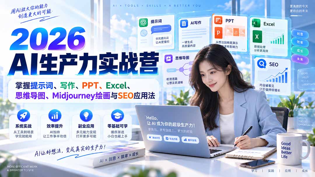 AI生产力实战营的应用场景 AI工具在提示词、写作、表格处理与绘画中的综合应用示意